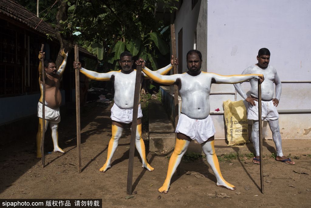 印度傳統(tǒng)虎舞的臺前幕后 表演者用顏料涂滿全身化身“猛虎”