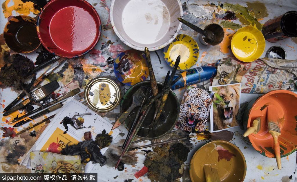 印度傳統(tǒng)虎舞的臺前幕后 表演者用顏料涂滿全身化身“猛虎”