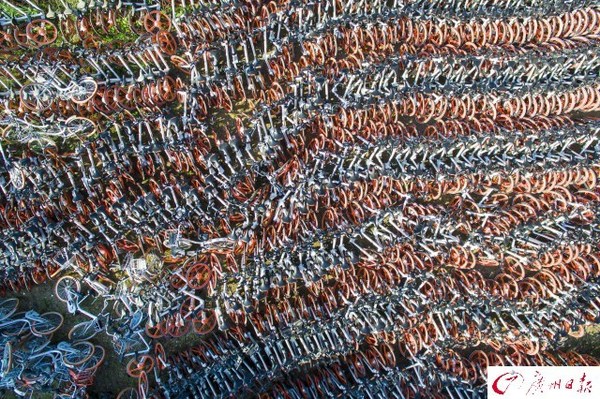 航拍廣州共享單車中轉(zhuǎn)站　密密麻麻如彈簧