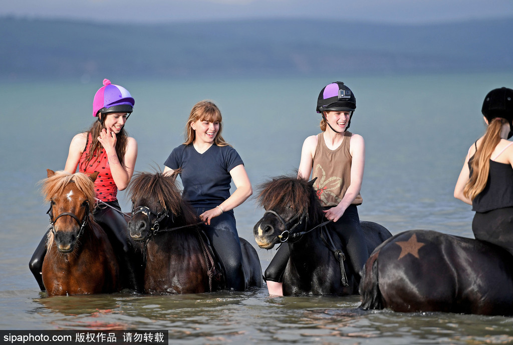 英國(guó)多塞特高溫來(lái)襲 女孩騎馬下河降溫