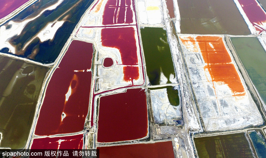 山西運(yùn)城：持續(xù)高溫來襲 千年鹽池變身美麗七彩湖