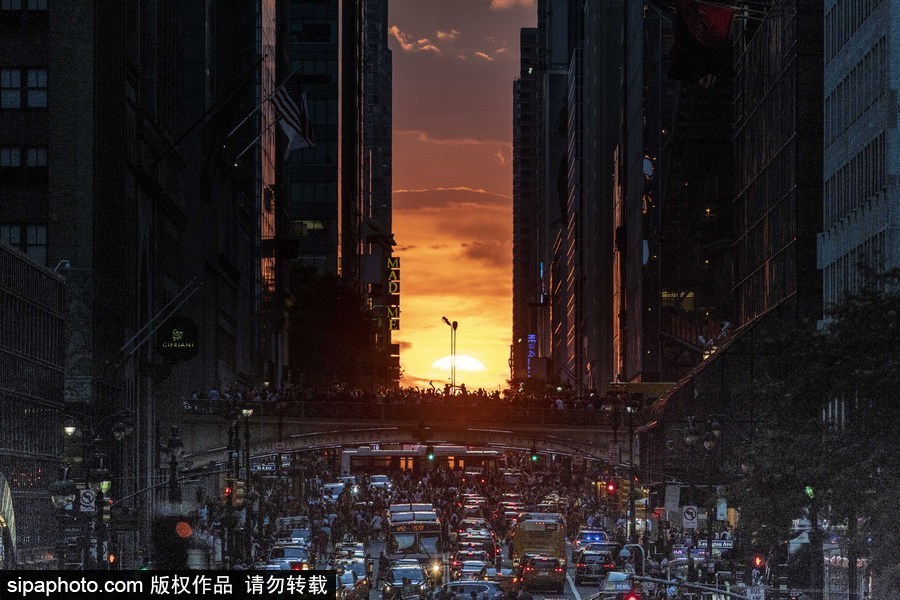 美國(guó)紐約再現(xiàn)曼哈頓懸日 街頭擁堵水泄不通